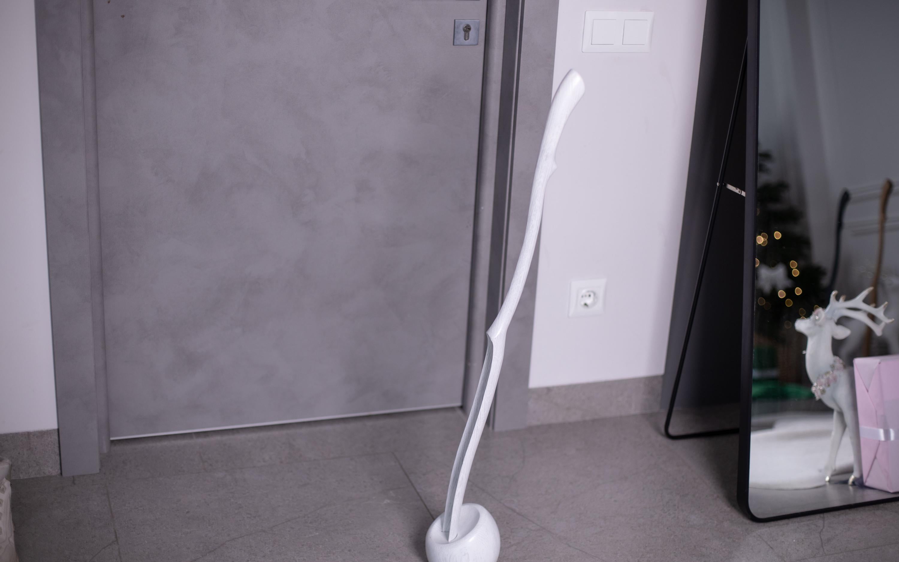 White long wooden shoe spoon, shoe horn with handle, entryway decor accessory