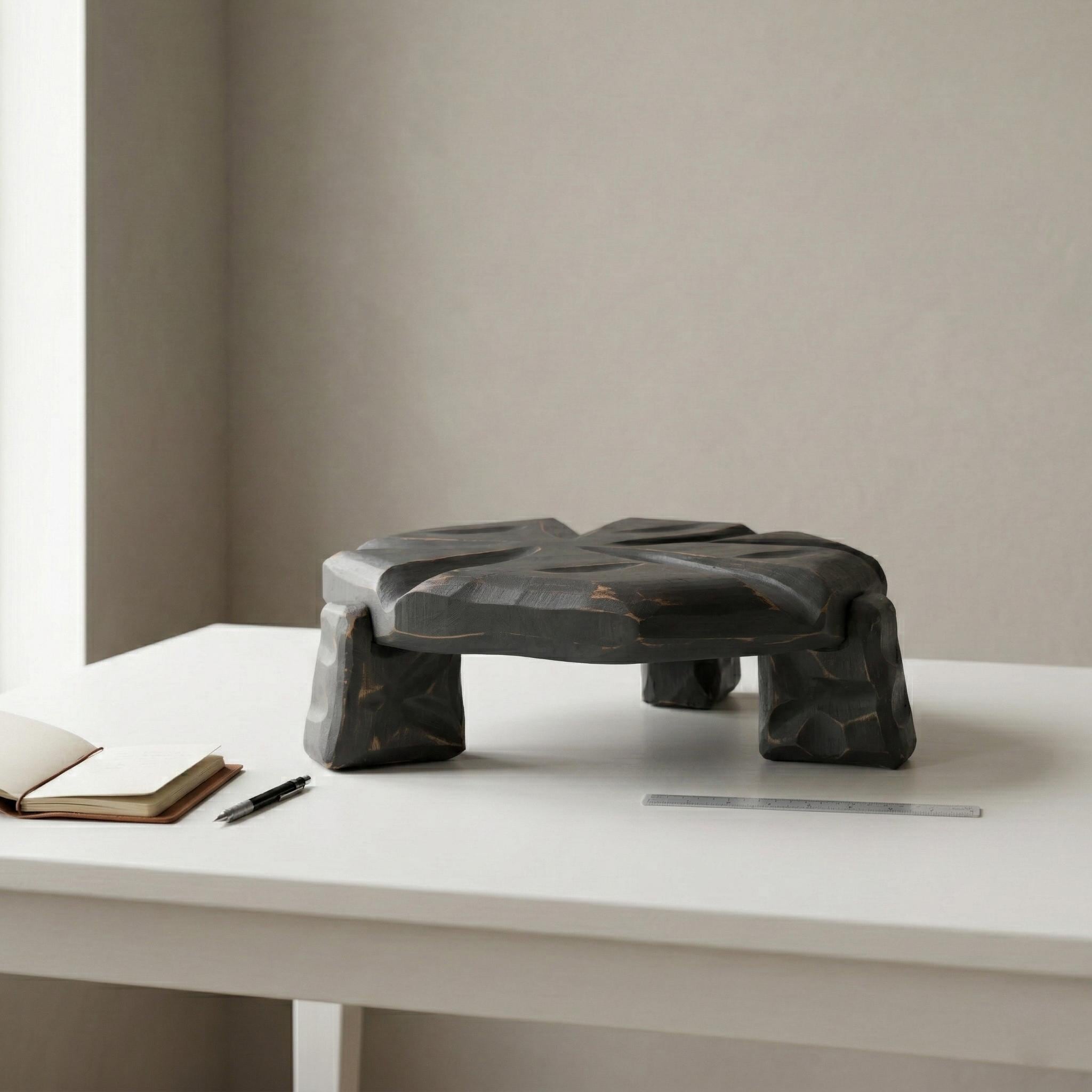 Handmade Black Wooden Sculptural Plant Stand, Organic Cherry Wood Accent