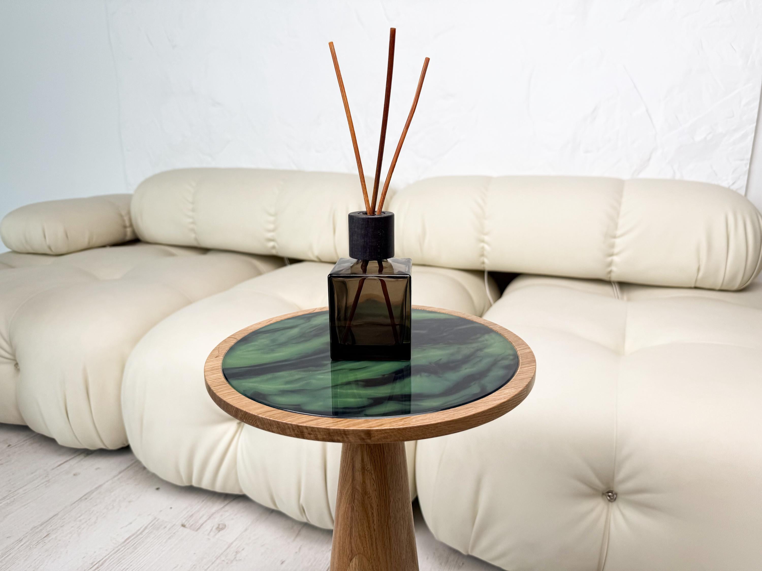 Wood and resin plant stand, small round side table, farmhouse decor gift