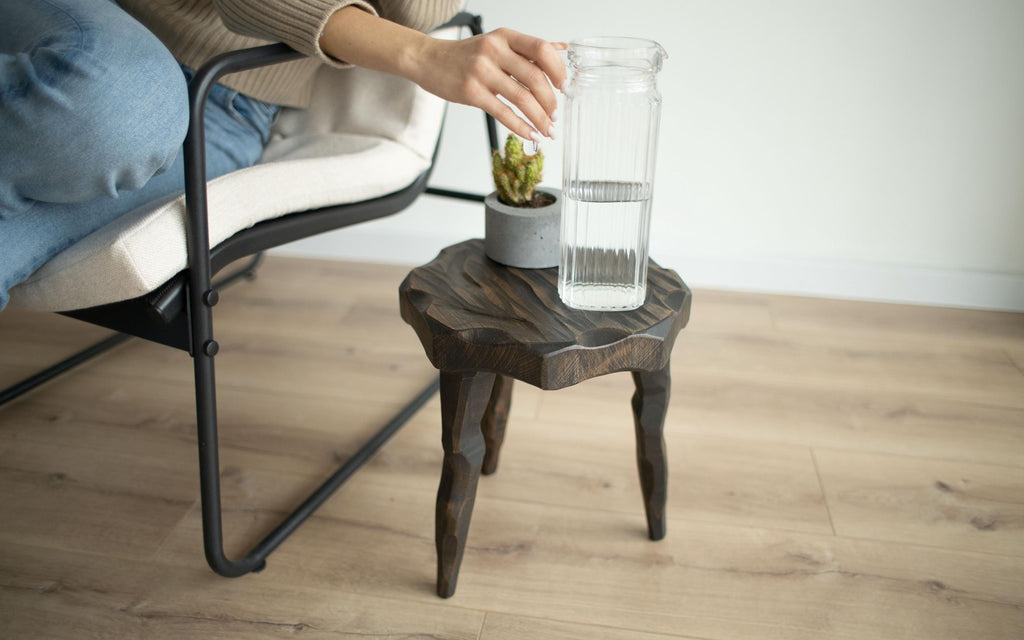 Wood plant stand, rustic round stool, handmade tall end table, flower stand gift