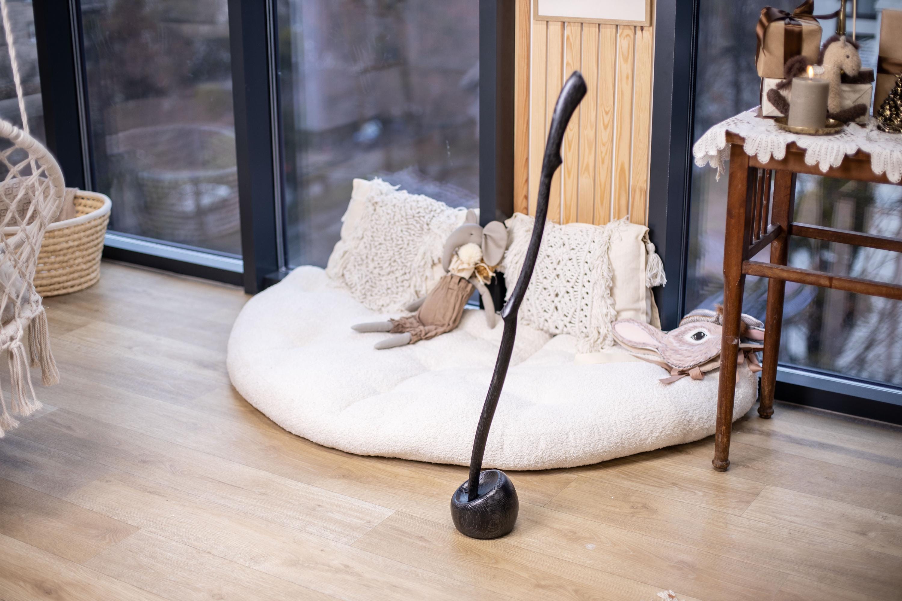 Dark wood long shoe horn, spoon with stand, handmade mens accessory for entryway