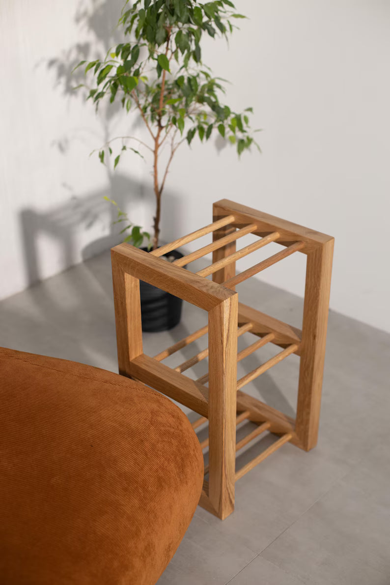 Wood storage bench, minimalist shoe rack, rustic home decor entryway shelf