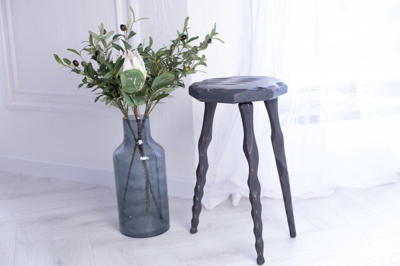 Rustic wood stool, handmade step platform, round pedestal stand