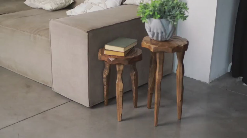 Tripod wood accent stool, solid wood plant stand, side table, rustic decor.