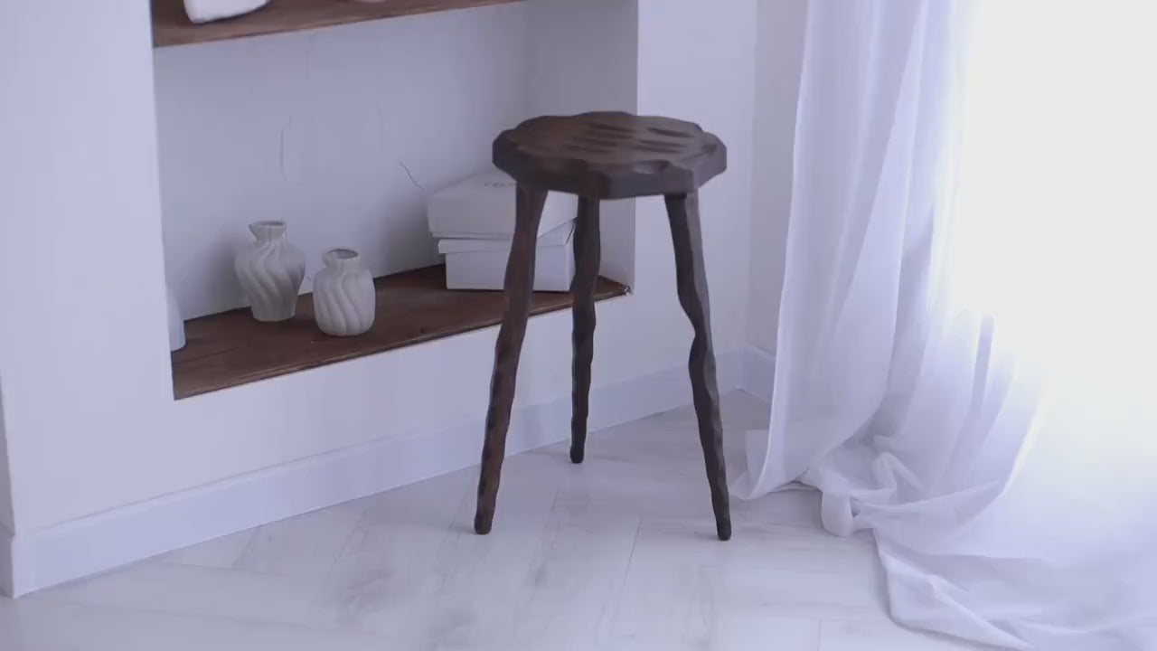 Hand-Carved Cherry Wood Plant Stand, Organic Sculpted Pedestal