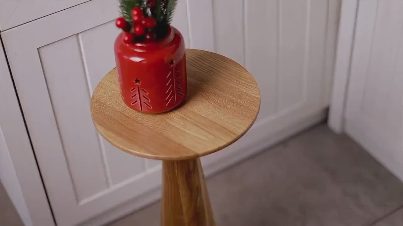 Small oak side table, modern pedestal table, minimalist wood accent decor