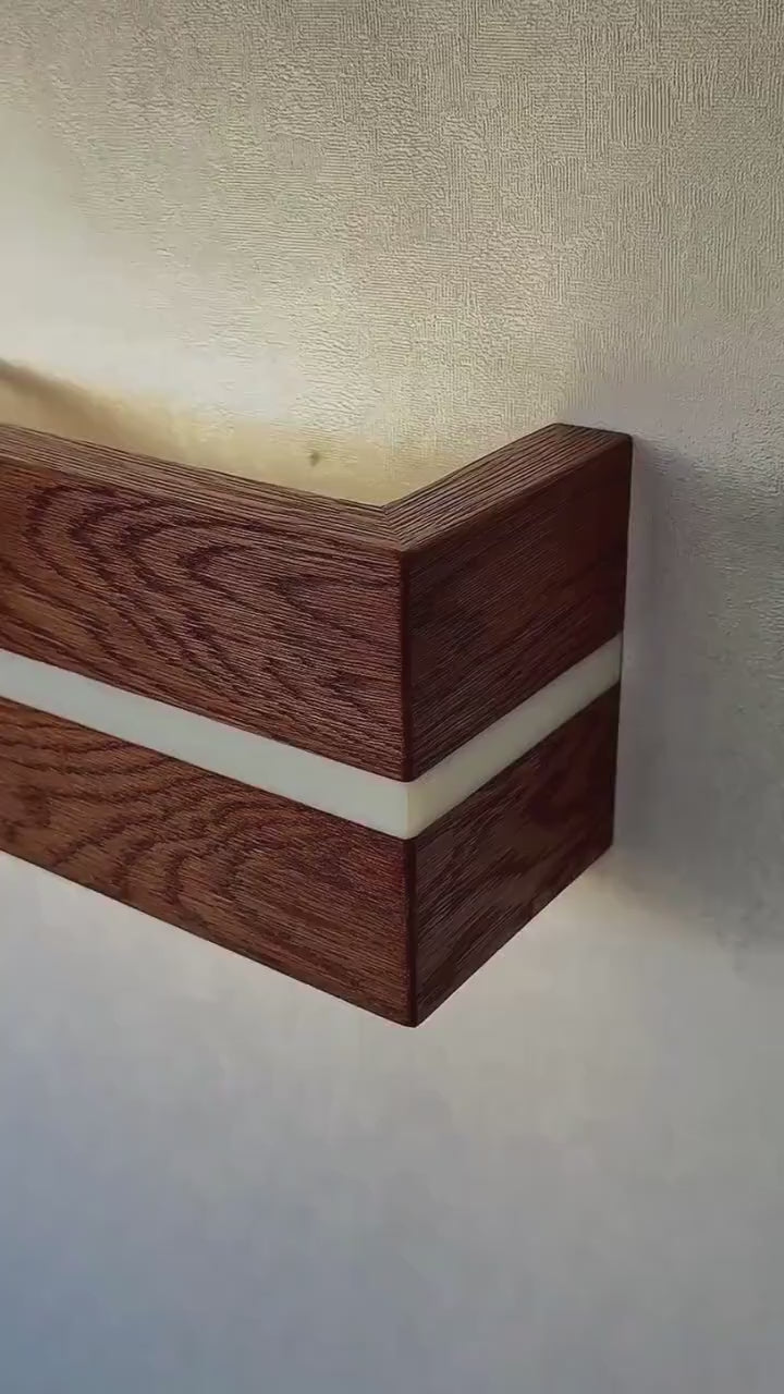 Handmade Brown Oak Wood Wall Sconce, Minimalist LED Bedside Lamp